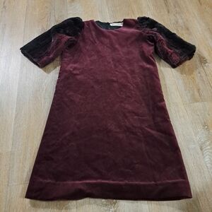 TEELA New York Kid's Burgundy Velvet Dress with Faux Fur Sleeves Girl's Size 8